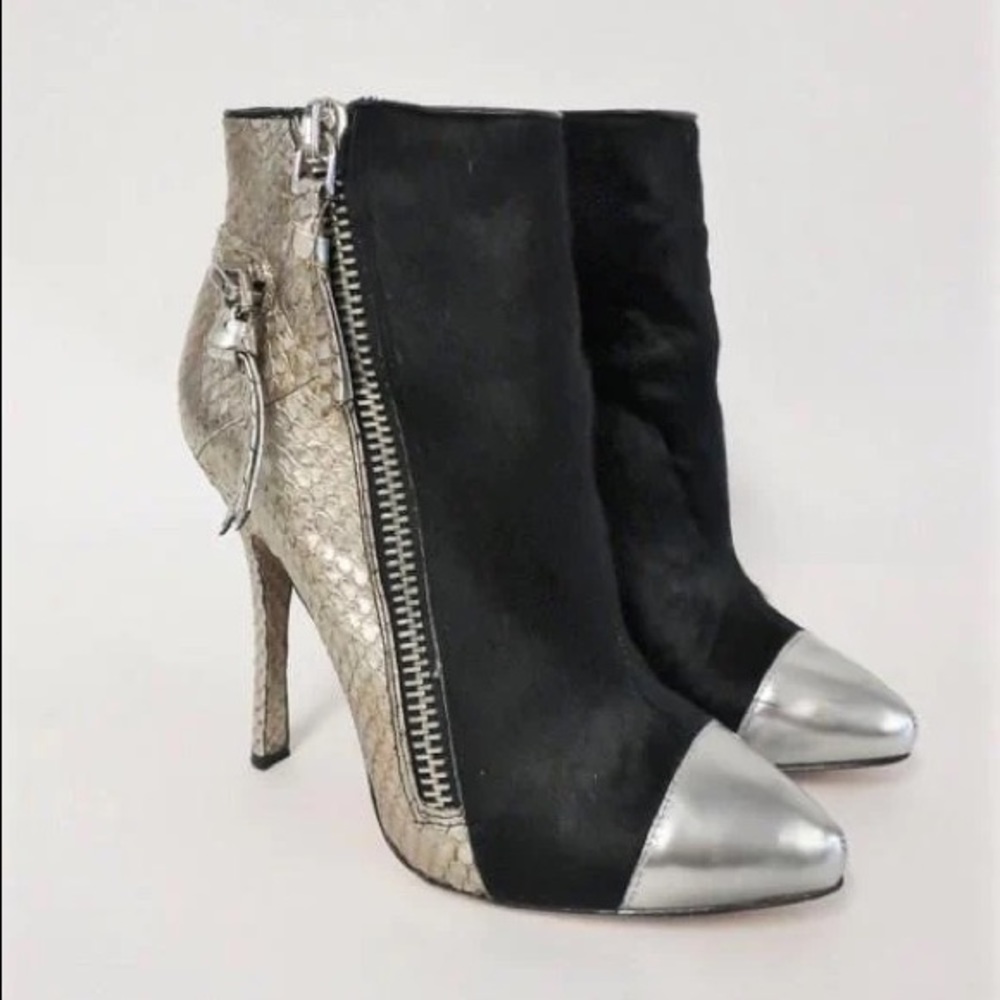 Jean Michele Cazabat Black Mohair and Silver Snakeskin Bootie